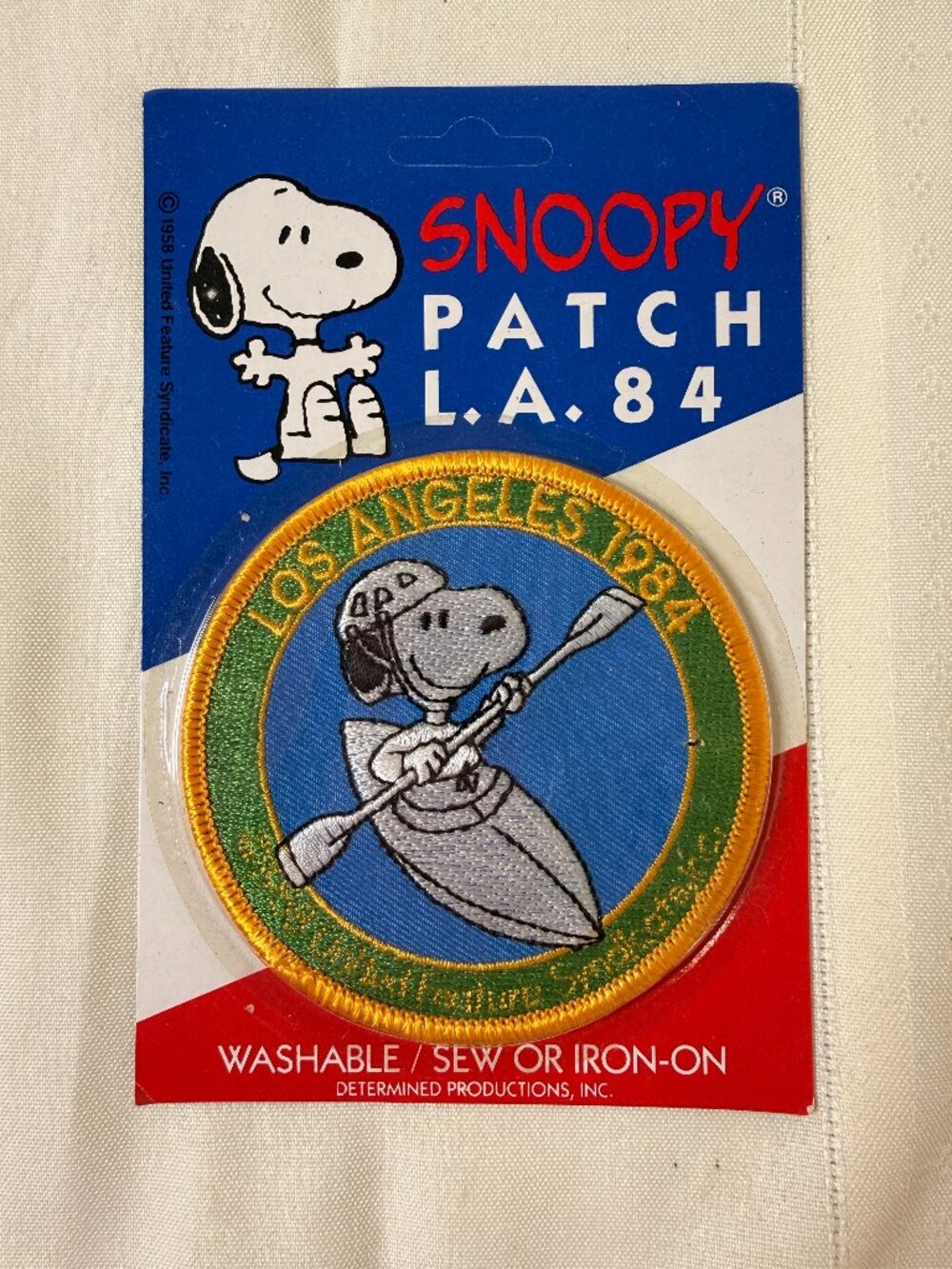 Vintage 1984 Snoopy Peanuts Kayaking Iron Sew-on Patch Los Angeles Olympics NEW